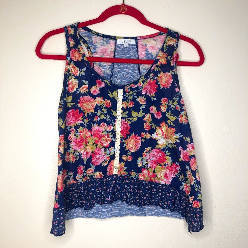 dELiA*s Floral Flared Sheer Cropped Tank Top Juniors Size Small